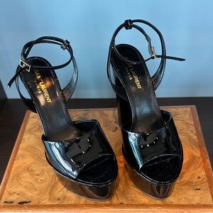 Saint Laurent Black Patent Leather Platform Sandals with Ankle Strap